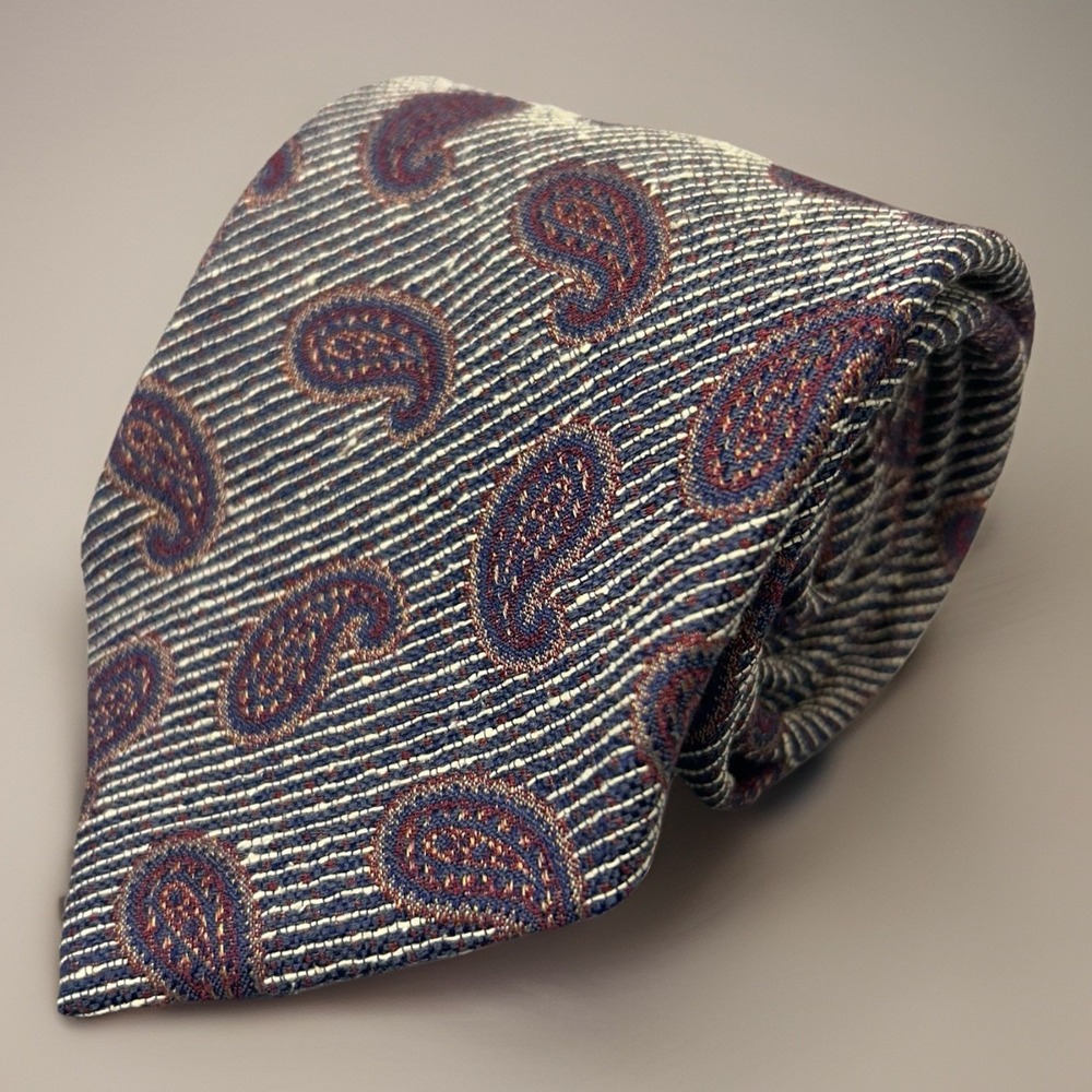 Echo Mens Silk Necktie Paisley Blue Cream Burgundy Textured Wide 59” x 4”